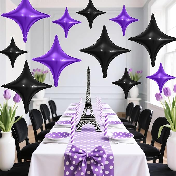 Black Purple Star Balloons,12Pcs Four Angle Star Foil Balloons,26Inch and 10Inch Black Purple Quadrangle Helium Balloon for Halloween Birthday Baby Shower Anniversary Party Decorations