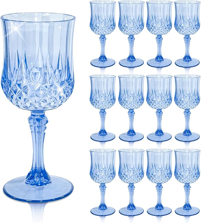 12 PCS Blue Plastic Wine Glasses Vintage Goblet, Reusable Drinkware Vintage, Plastic Blue Wine Glasses for Baby Shower Wedding Reception Grand Event Party, 7 OZ
