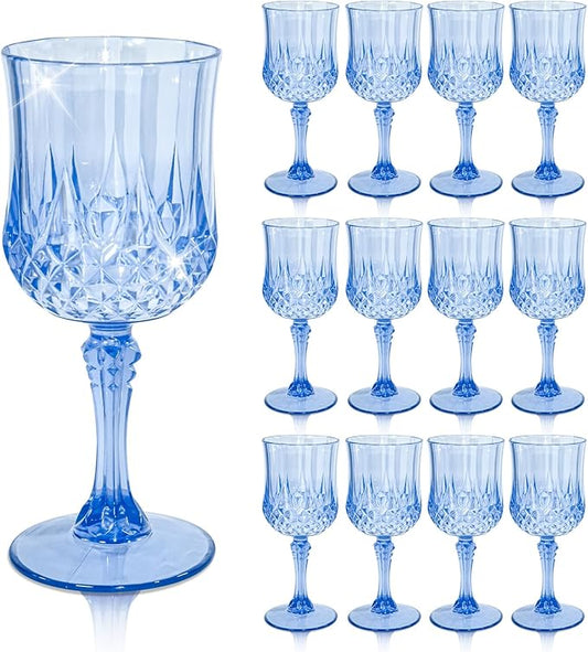 12 PCS Blue Plastic Wine Glasses Vintage Goblet, Reusable Drinkware Vintage, Plastic Blue Wine Glasses for Baby Shower Wedding Reception Grand Event Party, 7 OZ