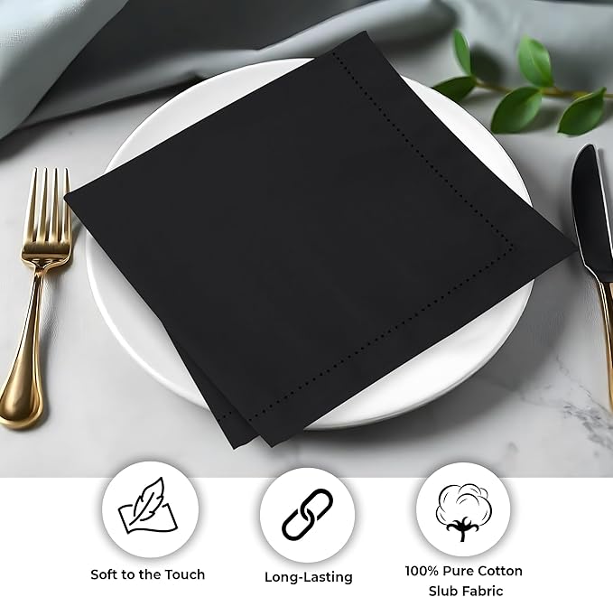 Urban Villa Halloween Cloth Napkins Black Color Dinner Napkins Hemstitch 20''x20'' (Set of 12) 100% Cotton Absorbent Napkins Soft Durable Reusable Washable Ideal for Events Parties Everyday use