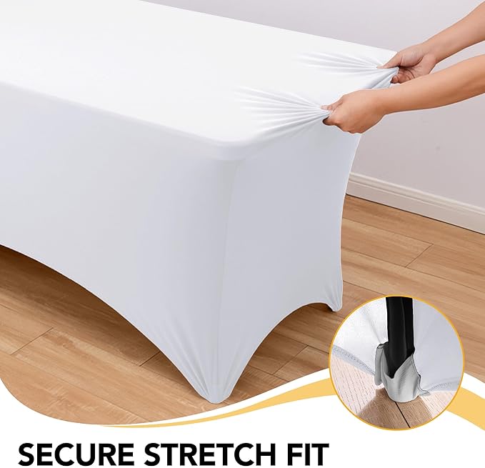 6-Pack Premium White Spandex Tablecloths for 6ft Rectangle Tables, Stain & Wrinkle-Resistant, Washable Stretch Polyester Fitted Table Cover for Weddings, Banquets, Trade Shows Events