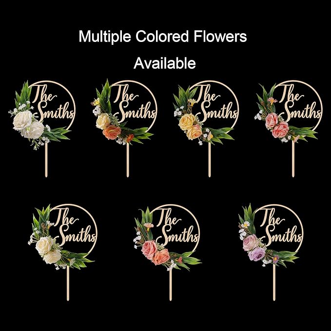 3D Flowers Wedding Cake Topper Custom Last Name Wedding Cake Decoration in Wood with 3D Artificial Roses