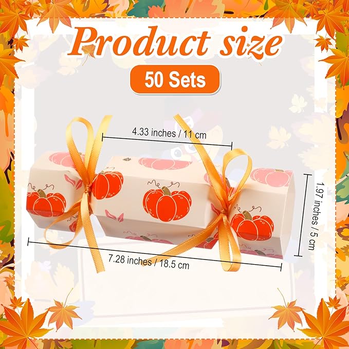 Xinnun 50 Packs Thanksgiving Cracker Kit No Snap Party Table Favors Pumpkin Maple Leaf DIY Thanksgiving Party Cracker Candy Boxes for Holiday Dinner Decoration Gift (Pumpkin Maple Leaf)