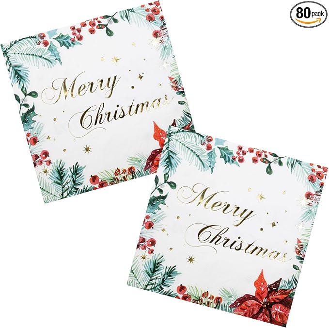 Christmas Party Paper Napkins Poinsettia Watercolor Napkins 80 Pieces Gold Foil Disposable Paper Luncheon Napkins Xmas Party Table Decorations