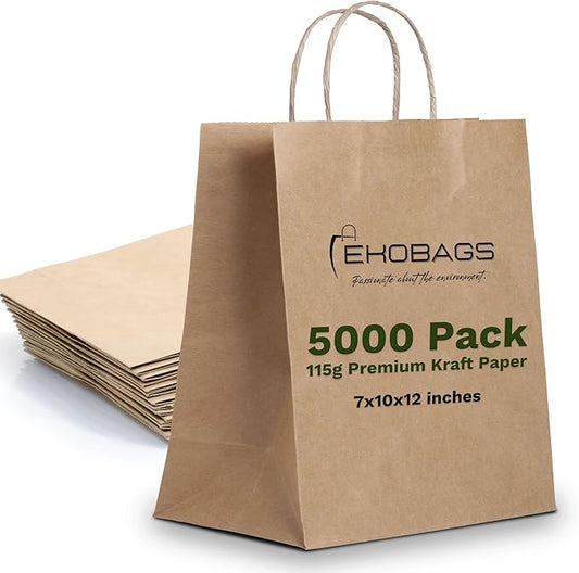 5.000 PACK | EKOBAGS Granvia | 10x7x12 inches | Kraft Paper Gift Bags with Handles | 115 GSM Brown Paper Bags for Small Business, Shopping & Party Favors | Recyclable | Holds up to 13.8L/8 lbs.