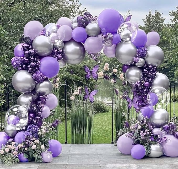 Purple Silver Balloon Arch Double Stuffed Dark Purple Balloons Lavender Lilac Balloon Garland Kit with Clear Bobo Balloons for Birthday Wedding Baby Shower Anniversary Halloween Party Decorations