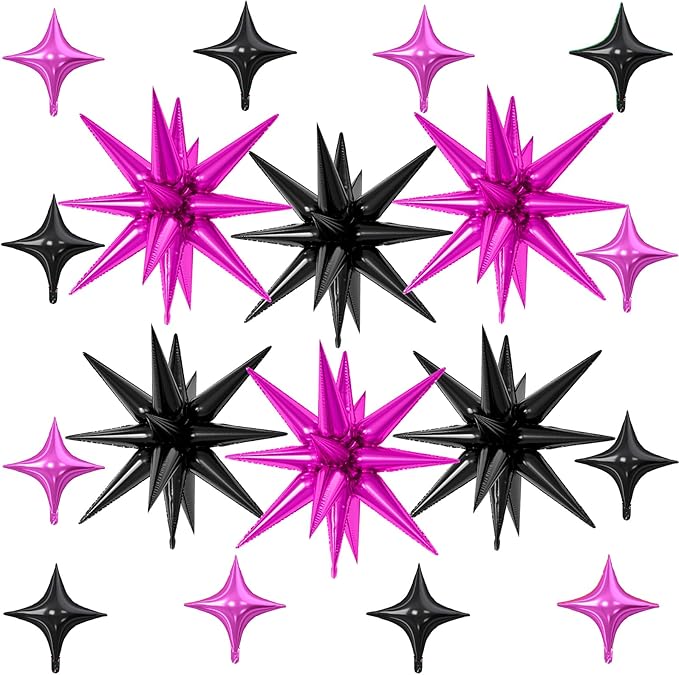 18 Pcs Black Pink Star Balloons, Hot Pink and Black Balloon with 6 Pcs 22-Inch Explosion Star Balloons 12Pcs 10-Inch Four Pointed Stars Foil Balloon for Bridal Shower Girls Birthday Party Decor