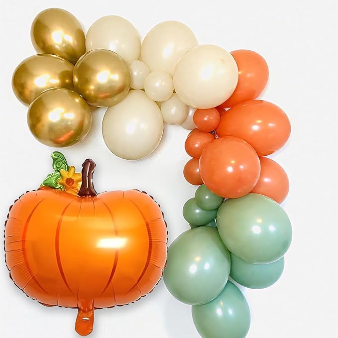 Fall Balloons Garland Arch Kit, Burnt Orange Pumpkin Foil Balloons, Orange Green Sand White Gold Balloon for Little Pumpkin Baby Shower First Birthday Thanksgiving Fall Autumn Harvest Party Decoration