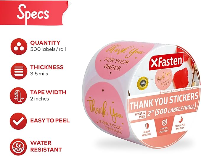 XFasten Pink Thank You Stickers Roll for Small Business, 500 2-inch Round Thank You Sticker Tags, Microwave-Safe Thank You Sticker Label Bulk for Packaging, Shipping, Shopping Bags and Envelopes