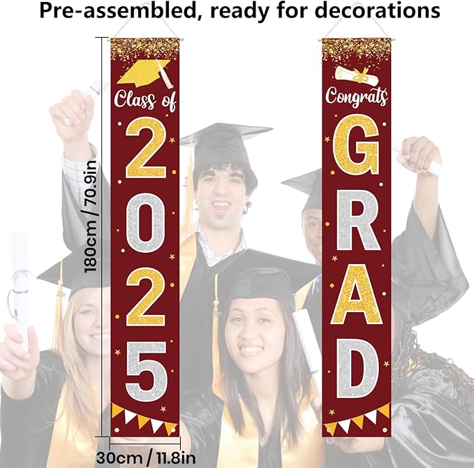 Graduation Decorations 2025 GRAD Banner Maroon Porch Door Sign Welcome Banner For Indoor Outdoor Wall Graduation Decorations Class of 2025