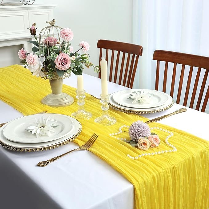 12 Pack Yellow Cheesecloth Table Runner 10FT Boho Cheese Cloths Gauze Fabric Table Runners 120 Inch Rustic Sheer for Wedding Birthday Party Baby Shower Centerpiece Home Decorations