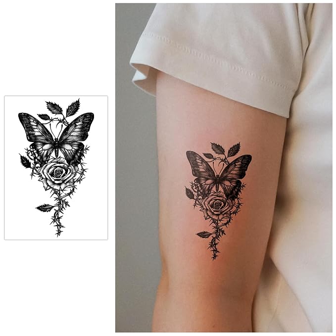 77 Sheets Temporary Tattoo for Women Men, 17 Sheets Half Arm Large Black Barbed Wire Fake Tattoos, 60 Sheets Skull Heart Flowers Tiny for Adult Kids Cosplay Party Body Tattoos Stickers Realistic