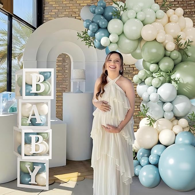 Dusty Blue Sage Green Balloon Baby Shower Decorations, 132Pcs Fog Blue Light Blue Green Sand White Balloon Arch Garland Kit Baby Box with Letters for Boho Baby Shower Gender Reveal Party Decorations