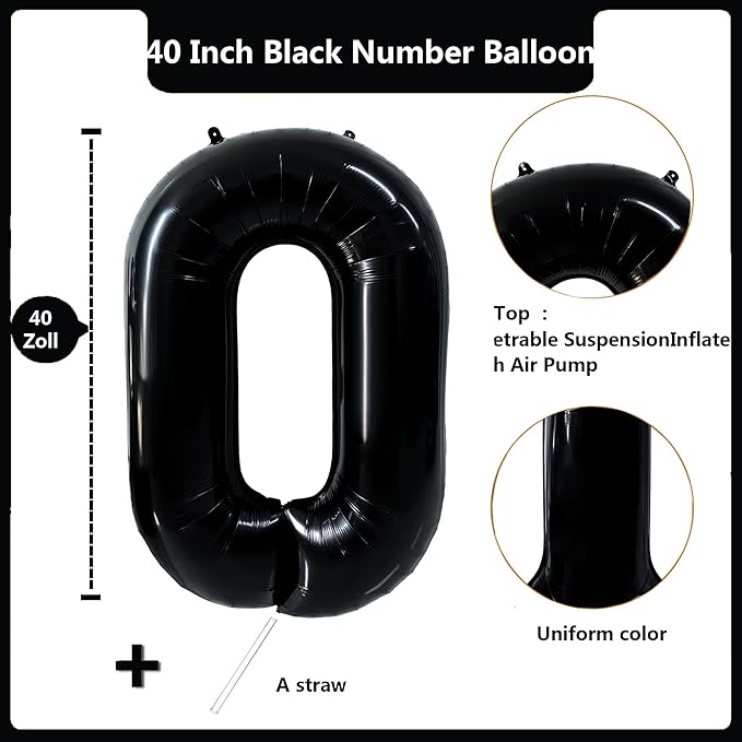 40 inch Black 0 Number Balloon Giant Foil Helium Balloons Black Large Digital Balloon 0 Number 0 Balloons for 0th Birthday Party Decorations Anniversary Events Decoration Supplies