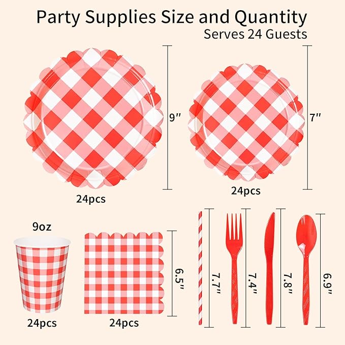 192 PCS Gingham Party Supplies Serve 24 Guests Gingham Plates and Napkins and Cups for Birthday Decorations Baby Shower Checkered Party Dinnerware Sets for Girl Boy Light Red Christmas