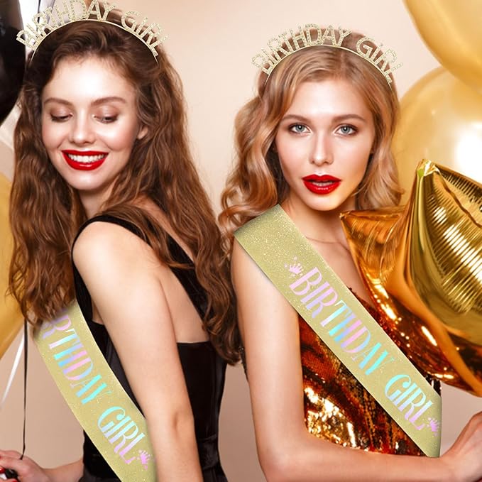 CAVETEE Birthday Girl Crown and Sash， Princess Tiara Happy Birthday Headband Party Accessories for Women and Girls