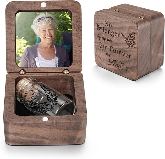 SOITIS Customized Engraving Wooden Box for Ashes - Small Glass Urn for Human Ashes Keepsake, Mini Urns for Ashes Cremation Holder, Funeral Keepsake for Women Men-Black Wings Urn