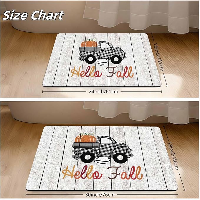 Fall Door Mat Fall Welcome Mat for Front Door, Autumn Pumpkins with Truck Black and White Buffalo Plaid Seasonal Non Slip Doormat for Entrance Entryway Outside, 24"x16"inch