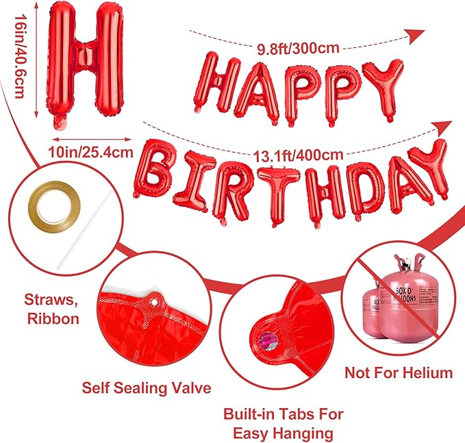 LIOZEOKUN Happy Birthday Balloon Letters 16 inch Mylar Foil Birthday Balloons Banner Sign for Birthday Party Decorations Supplies (Red)
