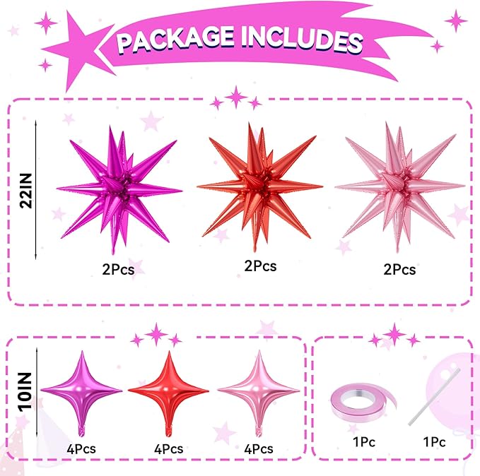 18 Pcs Red Pink Star Balloons, Pink and Red Balloon with 6 Pcs 22-Inch Explosion Star Balloons 12Pcs 10-Inch Four Pointed Stars Foil Balloon for Valentine's Anniversary Birthday Party Decoration