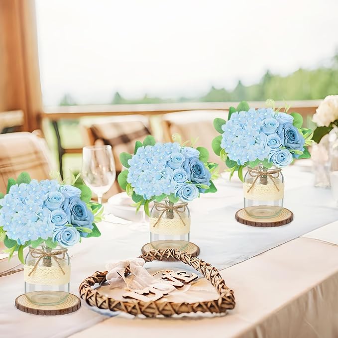 Set 6 Mason Jar Table Centerpiece - Wedding Centerpieces for Tables, Mason Jar Flower Centerpiece Vases Decor- Boho Farmhouse Rustic for Engagement, Bridal Shower, Wedding, Versatile Decor (Blue)