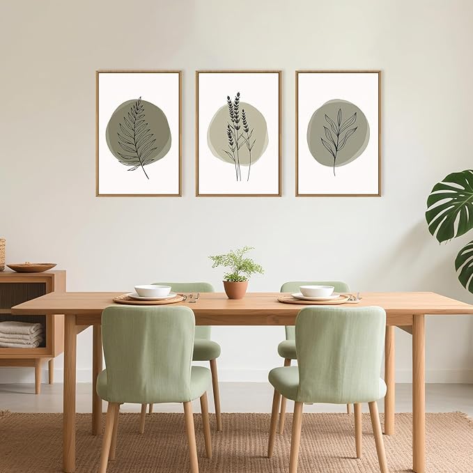 HOURIA Sage Green Leaves Framed Canvas Wall Art Set,Minimalism Boho Leaf Wall Decor, Modern Nature Botanical Wall Painting,Mid Century Plant Art Prints for Living Room,Bedroom,Farmhouse-16 x24 x3