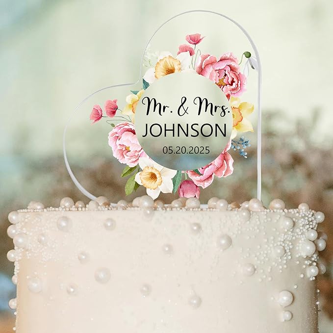 Custom Wedding Heart Acrylic Plaque,Mr & Mrs Cake Topper,Personalized Wedding Keepsake/Gift/Sign (Style 21)