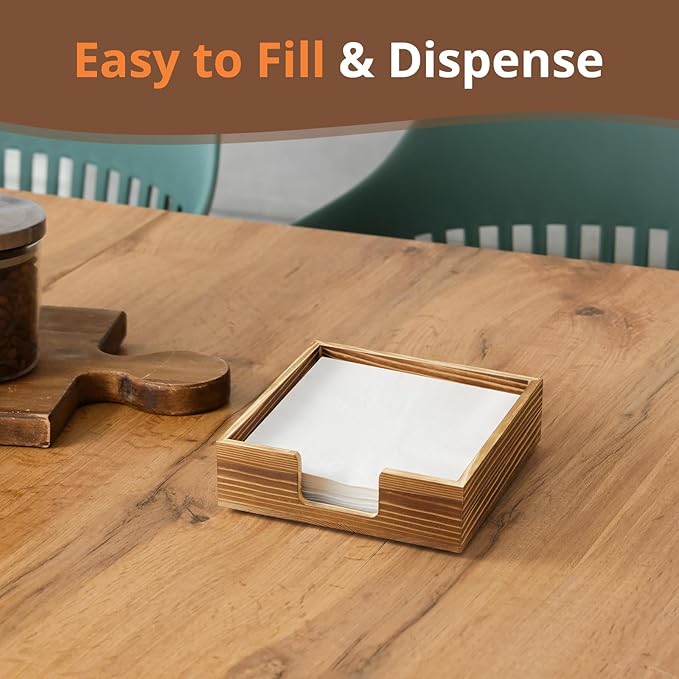Napkin Holder for Table, Burnt Wood Napkins Holders For Paper Napkins, Farmhouse Square Napkin Holders for Kitchen Home Dinner Table Decor, Napkin Dispenser for Luncheon