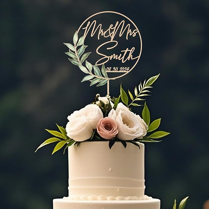 Wedding Cake Topper Mr & Mrs Personalized Last Name Date Green Leaves Wooden Cake Topper Wedding Anniversary Keepsake