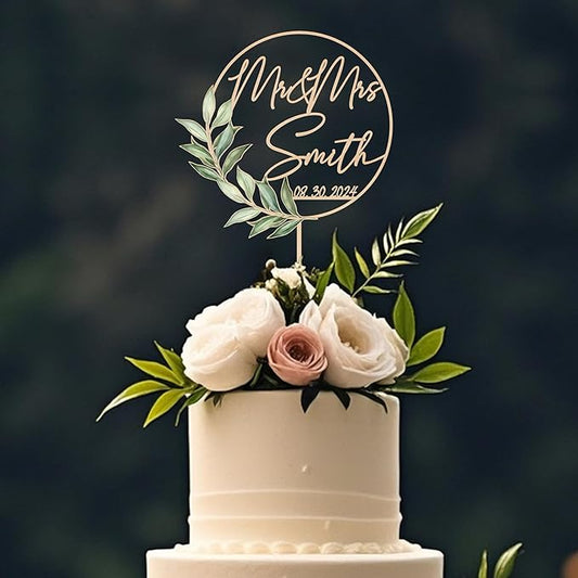 Wedding Cake Topper Mr & Mrs Personalized Last Name Date Green Leaves Wooden Cake Topper Wedding Anniversary Keepsake