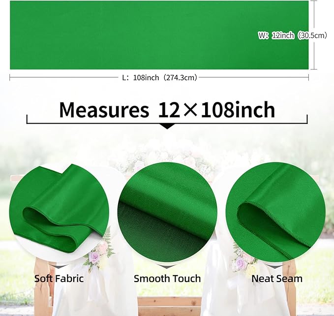 10 Pack Satin Table Runner 12 x 108 Inch Long,Satin Silk Table Runner for Wedding,Birthday Party and Banquet Decoration,Emerald