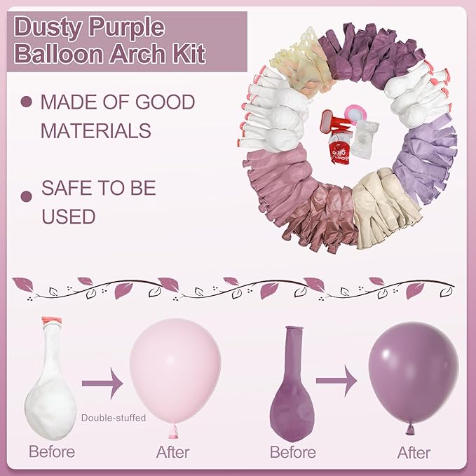 Amandir 173Pcs Dusty Purple Balloon Arch Garland Kit, Double-stuffed Pink White Sand Lavender Lilac Light Purple Rose Gold Confetti Balloons for Baby Bridal Shower Wedding Birthday Party Decorations