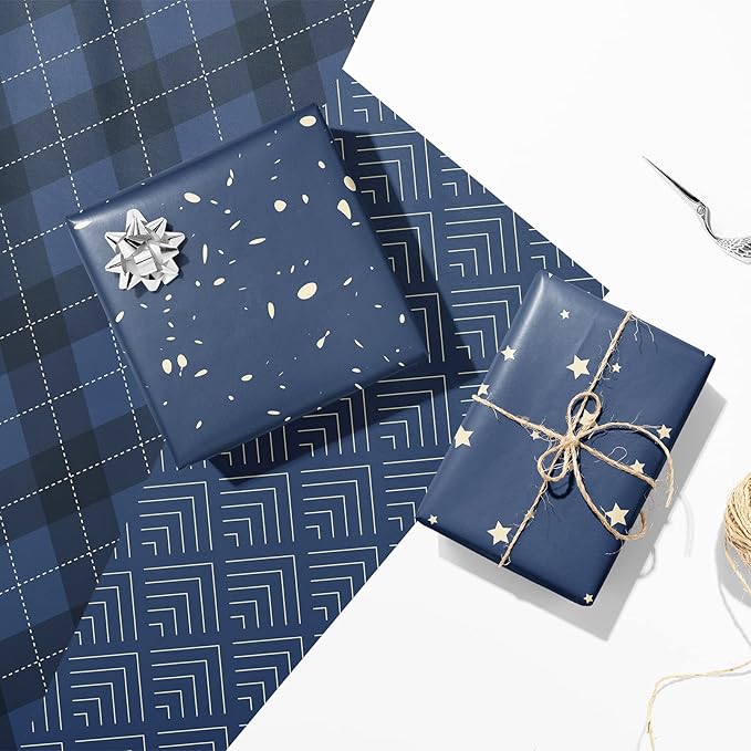 Wrapping Paper Flat 8 Sheets for Birthday, Holiday, Father'S Day, Weddings, Graduations, Navy Printed with Geometric Patterns, Checks, Stars, Spots 20 X 29 Inches Each