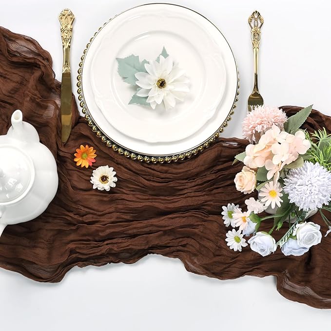 12 Pack Brown Cheesecloth Table Runner 10FT Boho Cheese Cloths Gauze Fabric Table Runners 120 Inch Rustic Sheer for Fall Thanksgiving Wedding Birthday Party Baby Shower Home Decorations