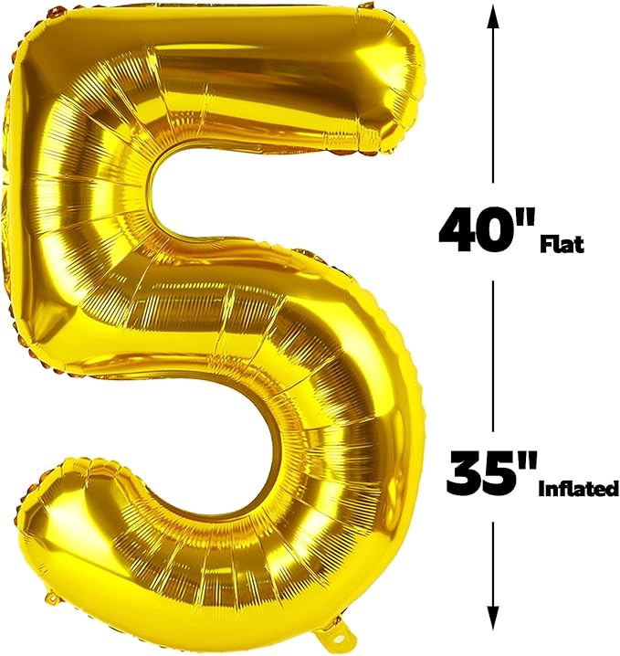 Large Gold 40 Inch Birthday Number 5 Balloon, Five 5th 15 25 35 50 55 Birthday Anniversary Celebration Decorations, Foil Mylar Helium Numbers 5 Balloons Girl Boy Party Supplies