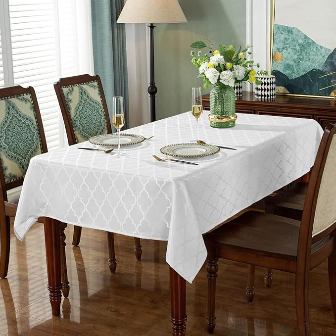 SASTYBALE Jacquard Tablecloth Flower Patterns Polyester Table Cloth Spill Proof Dust-Proof Wrinkle Resistant Table Cover for Kitchen Dining Tabletop Decoration (White, Square, 52" x 52")