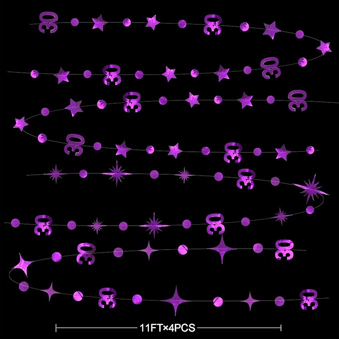 Purple 30th Birthday Decorations Number 30 Circle Dot Twinkle Star Garland Metallic Hanging Streamer Bunting Banner Backdrop for Women Mens Dirty Thirty Cheers to 30 Years Anniversary Party Supplies