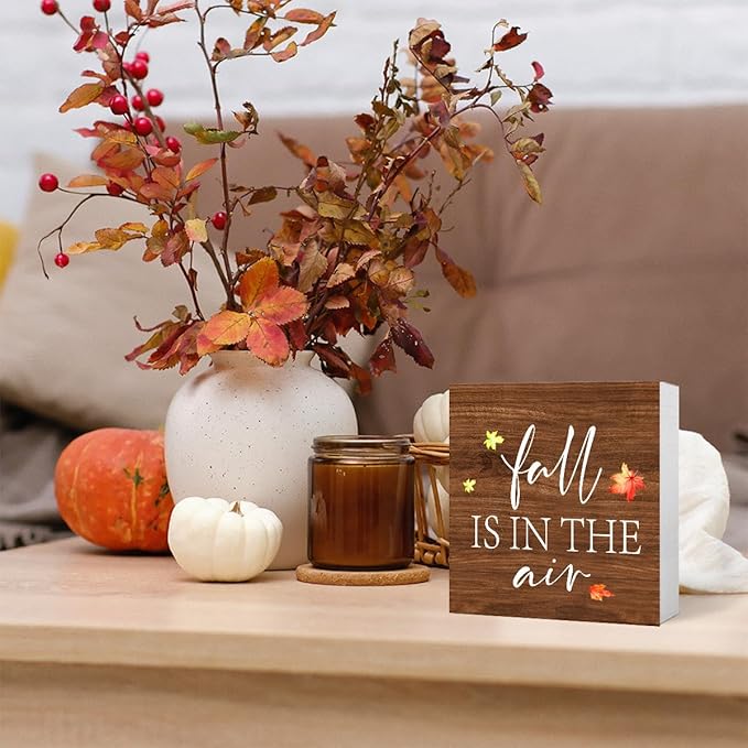 Funny Autumn Wood Box Sign Fall is in the Air Wooden Block Desk Decor for Home Office Kitchen Cubicle Table Shelf Tabletop,Farmhouse Fall Sign Decor