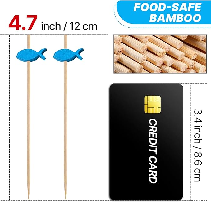 PuTwo Cocktail Toothpicks 100 Counts Cocktail Picks Handmade Natural Bamboo Cocktail Sticks Eco-Friendly Appetizer Skewers for Cocktail Appetizers Fruits Dessert - Blue Fishes