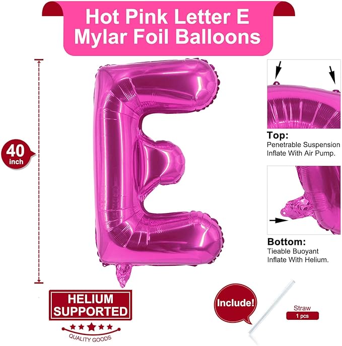 Lovoir 40 Inch Large Hot Pink Letter E Balloons Big Size Jumbo Mylar Foil Helium Balloon for Birthday Party Celebration Decorations Alphabet Hot Pink E
