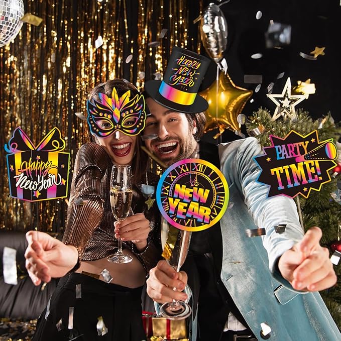 Glitter New Year’s Photo Booth Props 2026 - Pack of 30 | Eve 2026, Happy Decorations Party Supplies