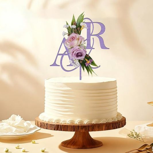Wedding Cake Topper with 3D Artificial Flowers and Green Leaves Custom Initials Personalized Wooden Anniversary Cake Decoration (Lavender)
