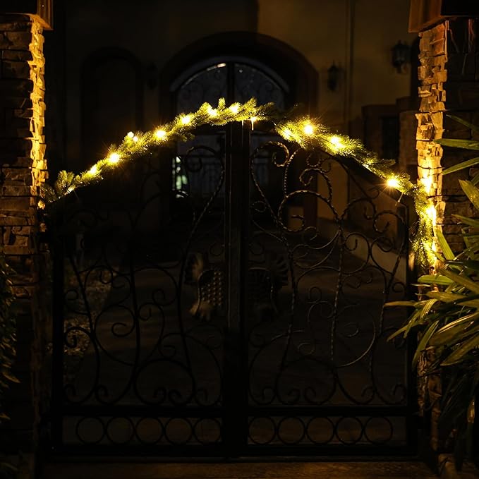 Christmas Garland with Lights, 70.9 Inch Lighted Garland, Realistic Greenery Norfolk Pine Garlands, 18 LED Lights Battery Powered, Timer Included Greenery Garlands for Mantle Christmas Decor