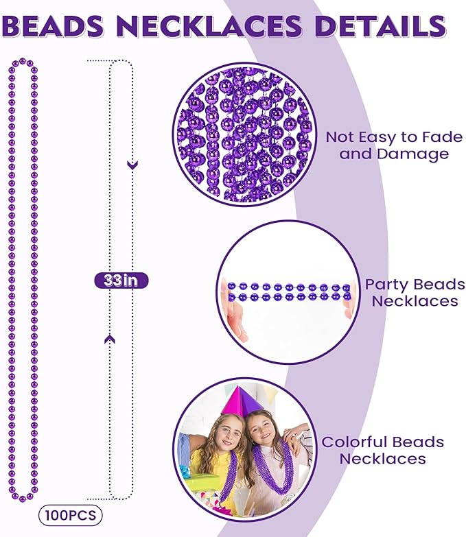 SHAOQINLIN 100 PCS Purple Mardi Gras Beads, Purple Beads Necklaces 33" Metallic Beaded Costume Necklaces Party Necklaces for Halloween Mardi Gras Parade Throws Wedding Birthday Party Favors