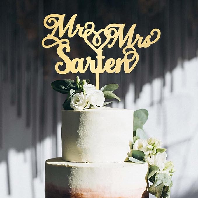 Wedding Cake Topper Personalised Mr and Mrs Calligraphy Custom Cake Topper Surname Gold Acrylic Customized Monogram Cake Toppers Silver, Black, White, Red, Blue, Rustic Party Cake Supplies, Made USA