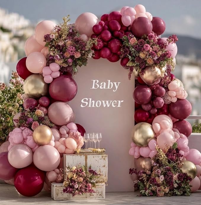 Burgundy Pink Balloon Garland Double Stuffed Pastel Light Pink Gold Mauve Balloons Maroon Lavender Latex Plum Balloon Arch Kit for Women's Birthday Wedding Baby Shower Decoration
