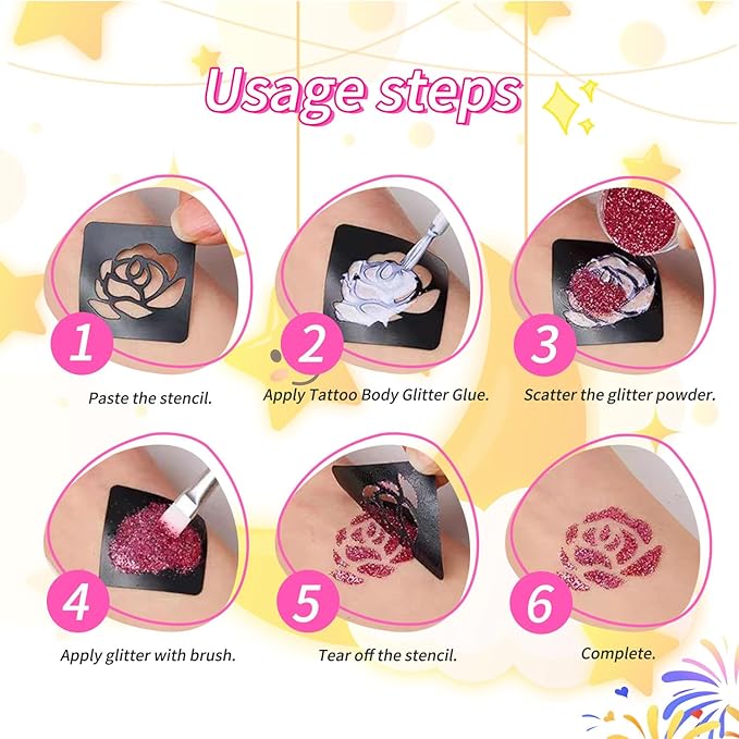 Temporary Glitter Tattoos Kit Kids with 187 glitter Tattoo Templates 34 Colors 3 Glitter Glue and Brushes Suitable for Kids and Girls Glitter Temporary Tattoos Fun Creative Activities