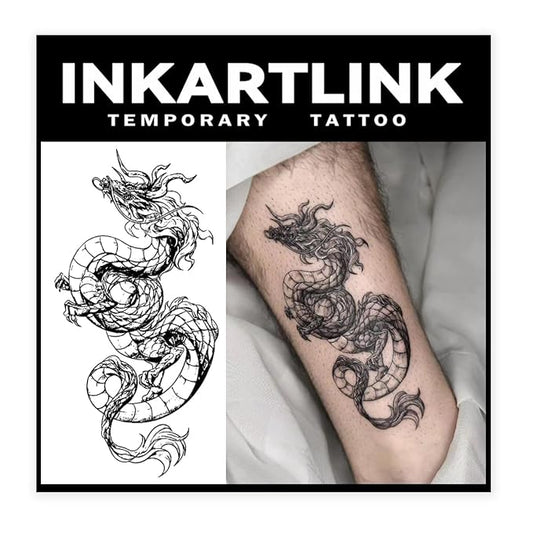 INKARTLINK Tattoo Tech, 2 Sheets Large Semi Permanent Tattoo, Adult Art Design Temporary Tattoos, Lasts 1-2 Weeks, Waterproof, Realistic Look, No Adhesive, No Reflection (Dark Chinese Dragon Design)
