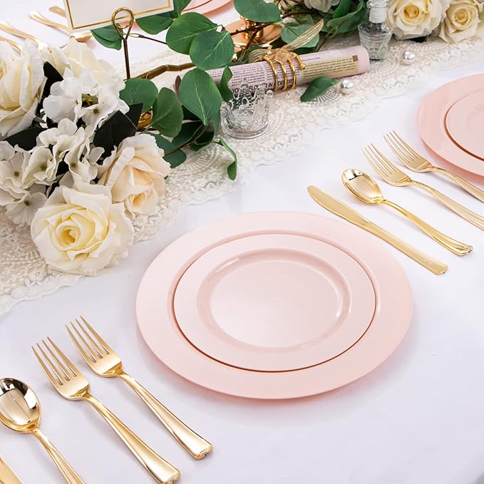 FLOWERCAT 60PCS Pink Plastic Plates - Heavy Duty Pink Plates Disposable for Easter Party/Mother's Day/Wedding - serving 30 guests Include 30PCS 10.25inch & 30PCS 7.5inch