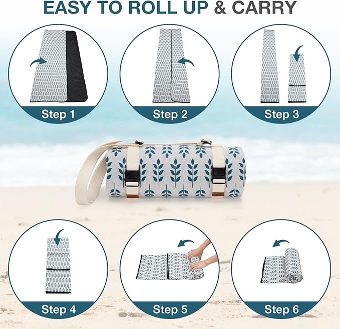 Picnic Blankets Washable | Beach Mat Sand Free Waterproof | Camping Blankets | Emergency Blankets | Picnic Baskets Accessories with Waterproof Backing and Shoulder Strap - Blue